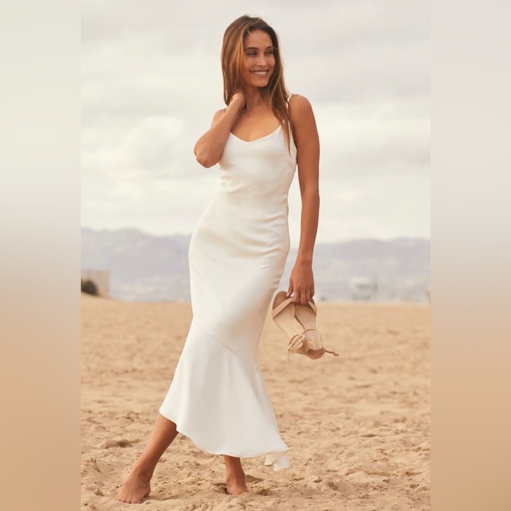 Lulus Strictly Romance White Satin Asymmetrical Tiered Midi Dress